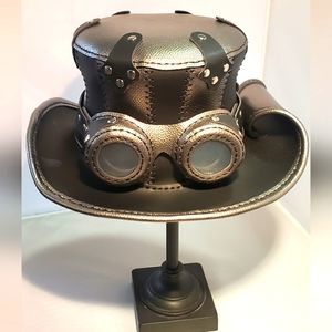 Steampunk Leather Hat w/goggles Black/silver